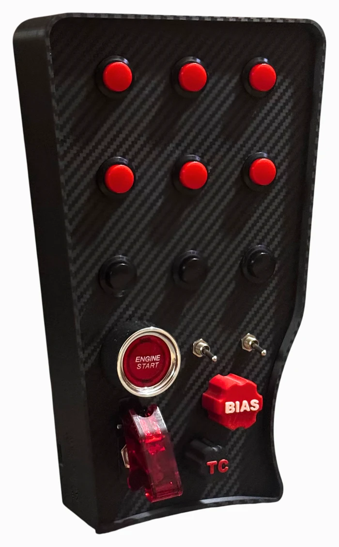 GT3 Console Button Box with red and black buttons, two dials and three switches on a carbon-fibre finish