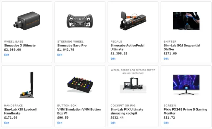 The oesimracing sim rig builder, showing budget starting points and a parts list