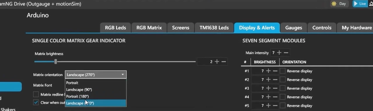 SimHub Display and Alerts tab showing the gear matrix settings