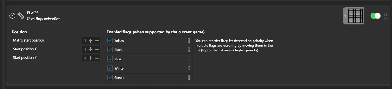 The Flags effect settings in SimHub, with flag colours listed by priority
