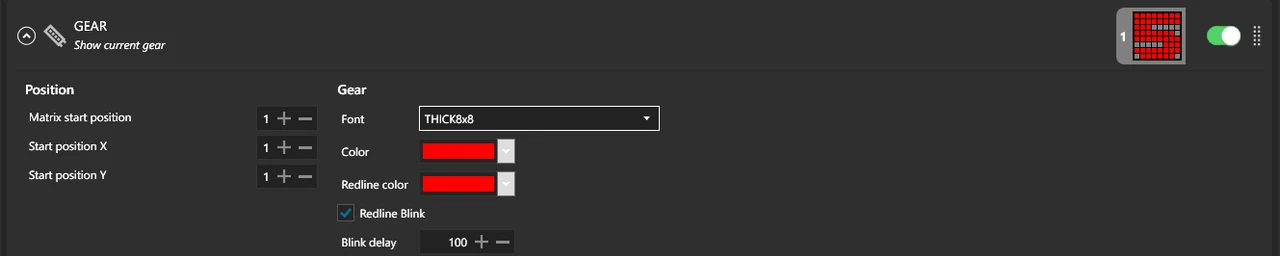 The Gear effect settings in SimHub, showing font and colour options