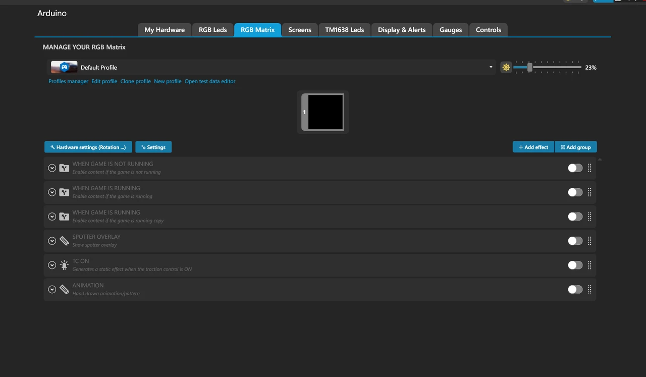 SimHub RGB Matrix tab showing the matrix preview and effect groups