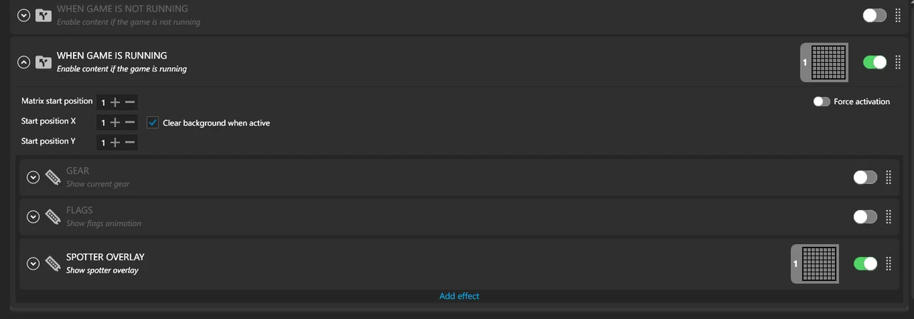 The When game is running effect group enabled in SimHub
