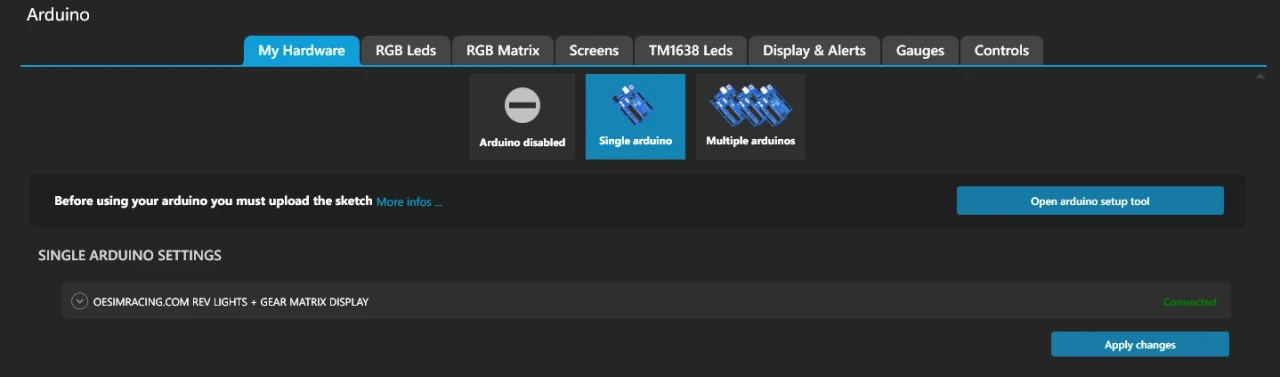 SimHub Arduino tab, My Hardware sub-tab, showing Single arduino connected on COM8