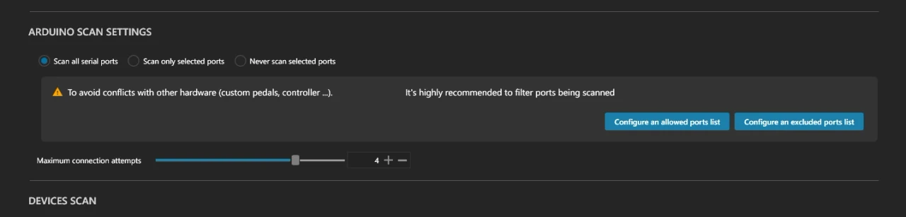 SimHub Arduino scan settings, with Scan all serial ports enabled