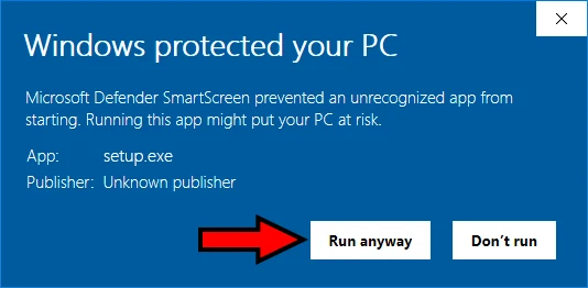 The Windows protected your PC message, with More info highlighted